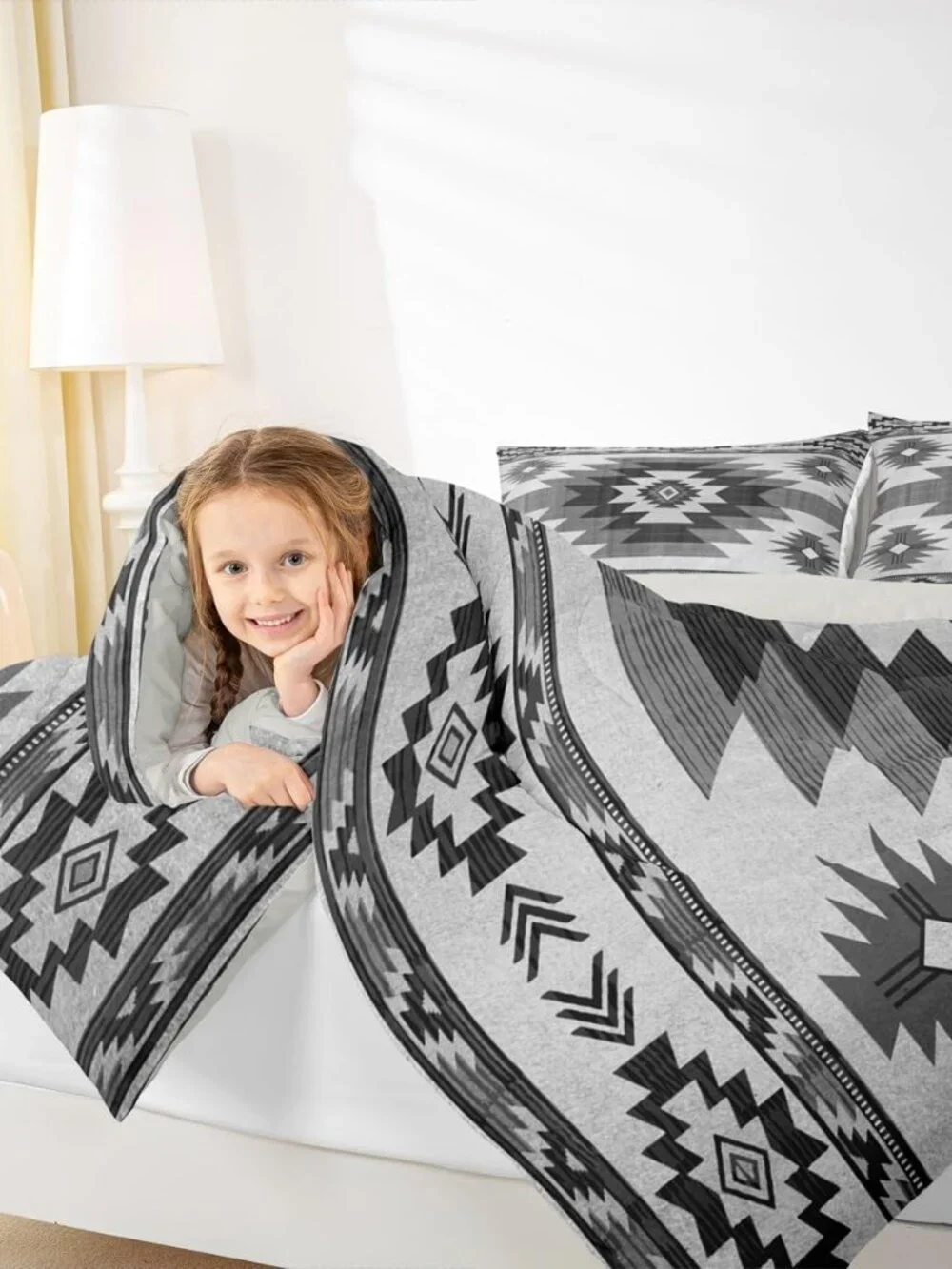 Gray Tribal Plaid Bedding Set,Southwestern Style Ethnic Grid Comforter Set for K